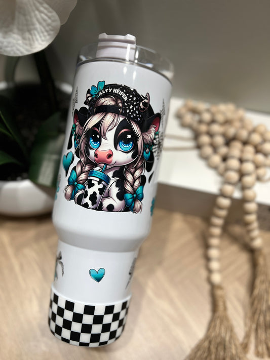 40oz Teal Checkered Cow Tumbler